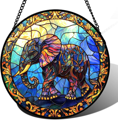 Colgante vitral atrapasoles elefante azul decoración hogar