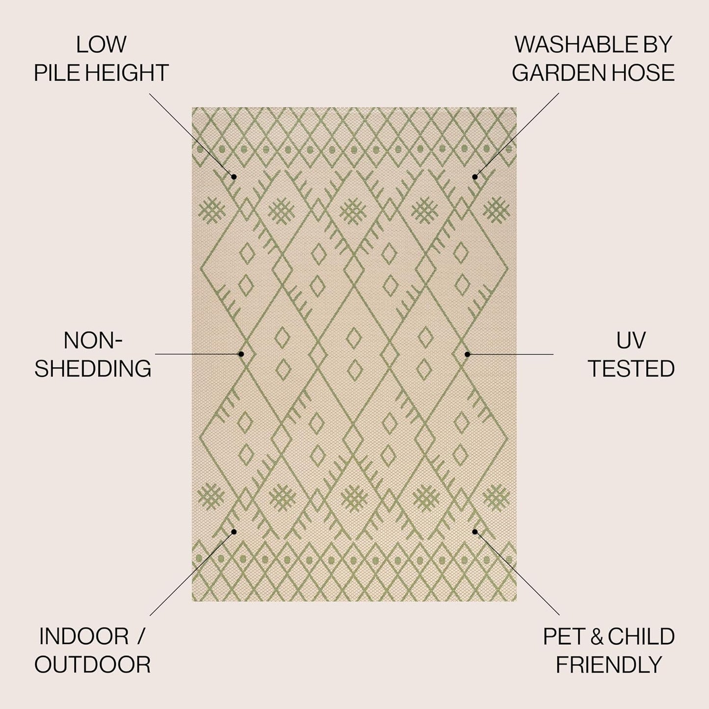 Tapete bohemio marroquí 5x8ft beige/verde para patio y