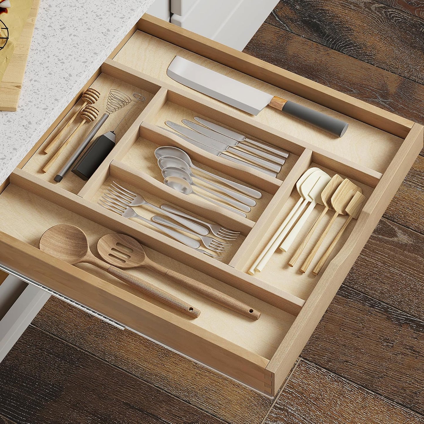 Organiz. cubiertos madera cajón cocina