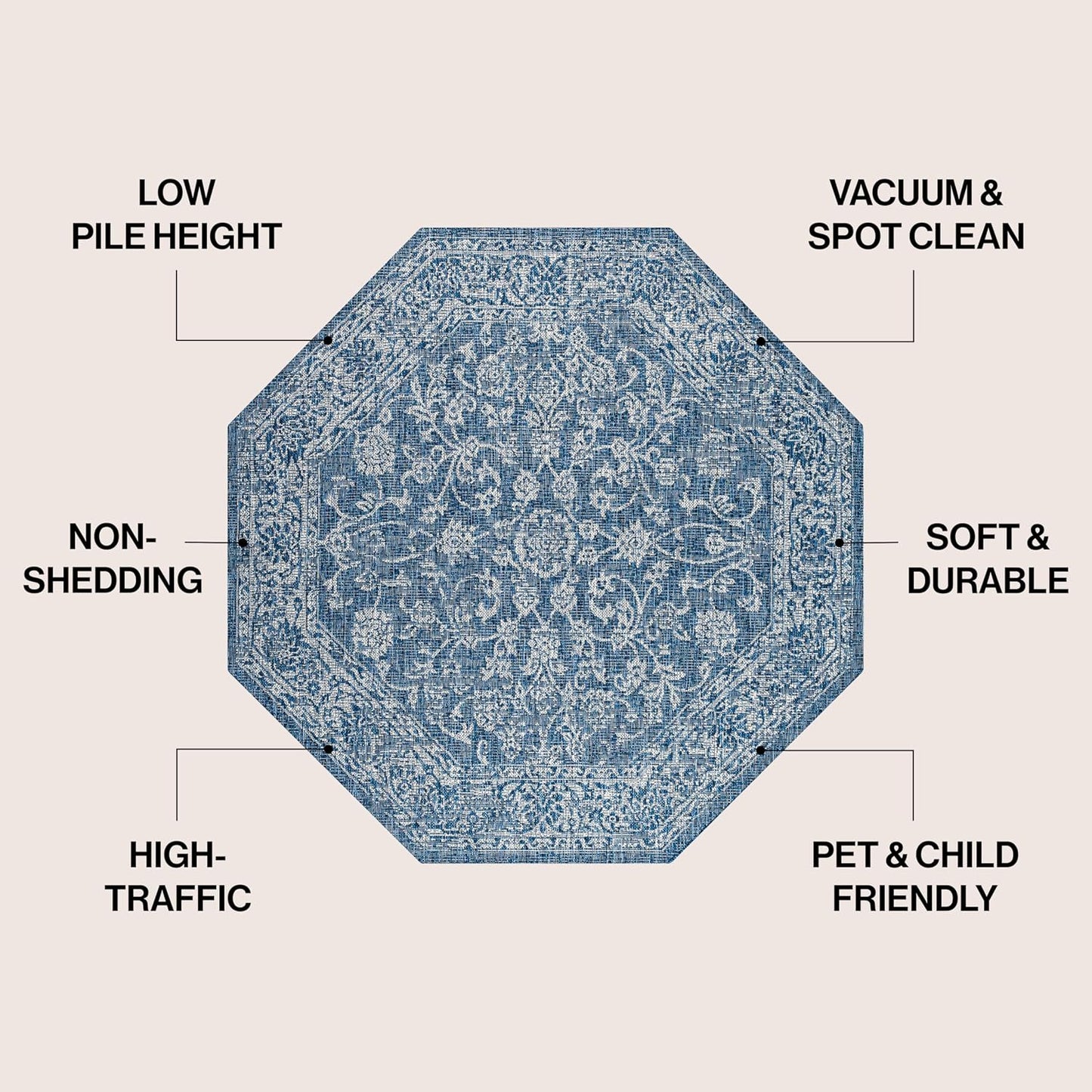 Alfombra octagonal bohemia texturizada 8ft azul marino/gris
