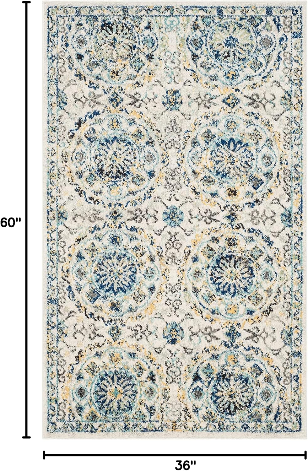 Alfombra decorativa 3x5ft diseño bohemio marfil y azul