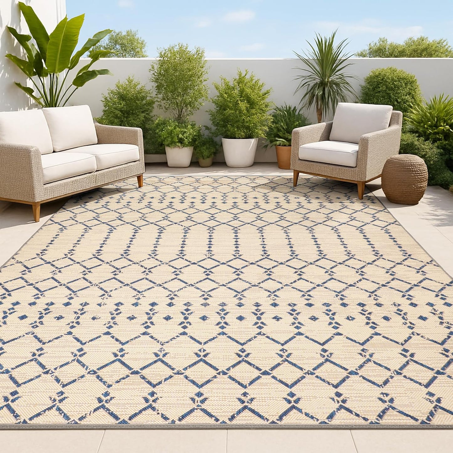 Alfombra marroquí geométrica 8x10ft beige/azul ourika patio