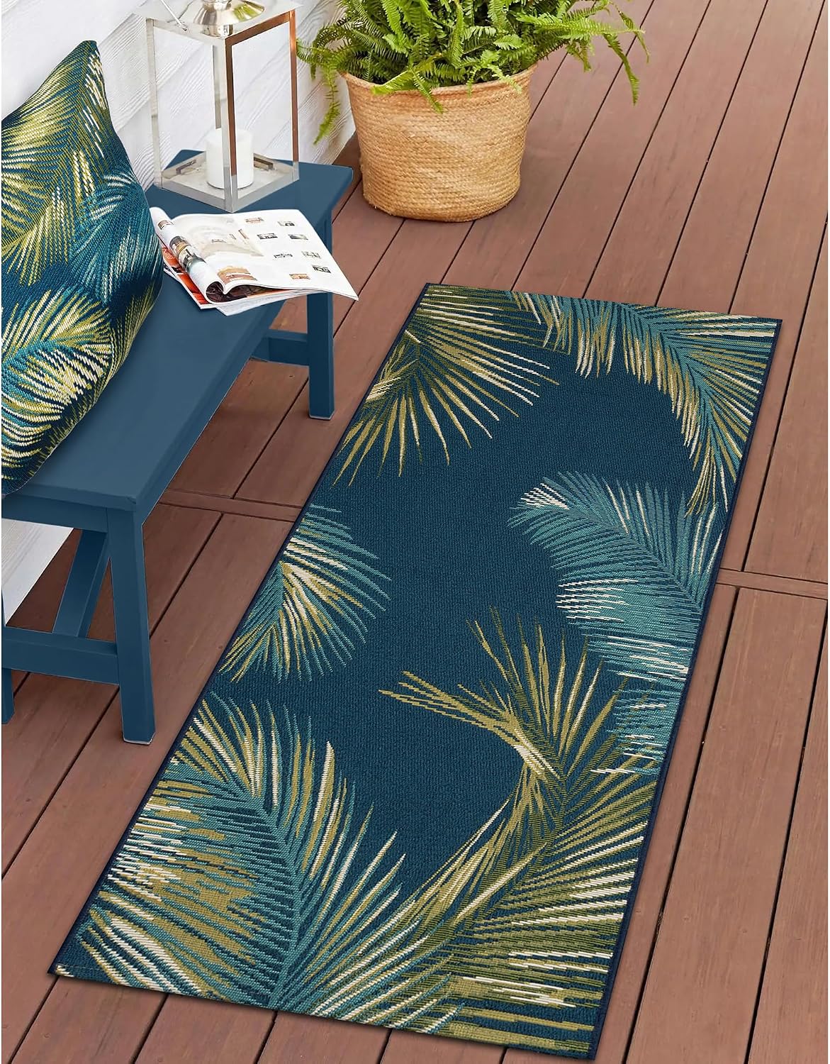 Alfombra látex antiderrap borde palma azul 1'11x4'11