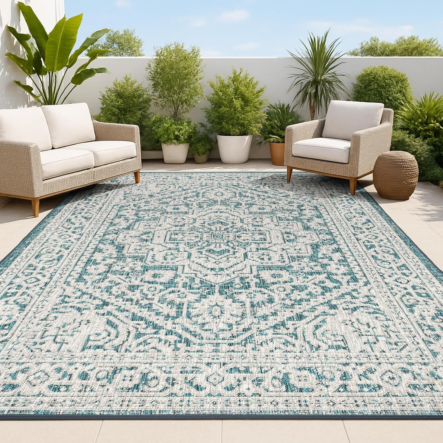 Alfombra Medallion 5x8 Azul Turquesa/Gris textura Sinjuri