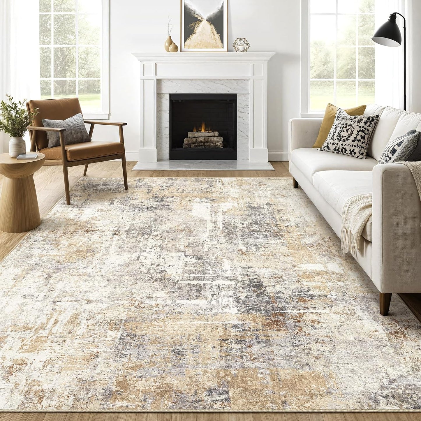 Alfombra 8x10ft lavable moderna gris y dorado