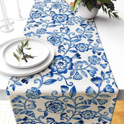 Camino mesa floral blanco azul vintage 13x72pulg