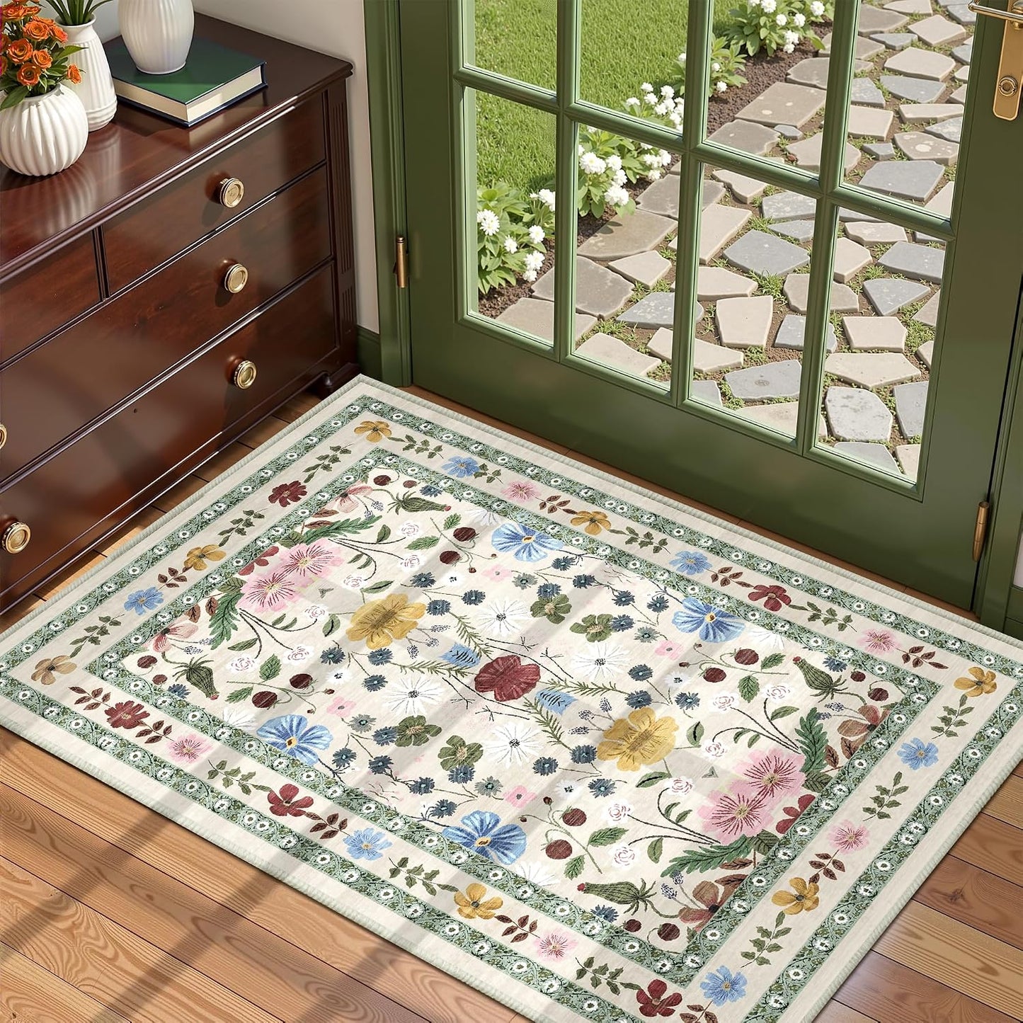 Alfombra floral entrada 2x3ft vintage antideslizante suave baño