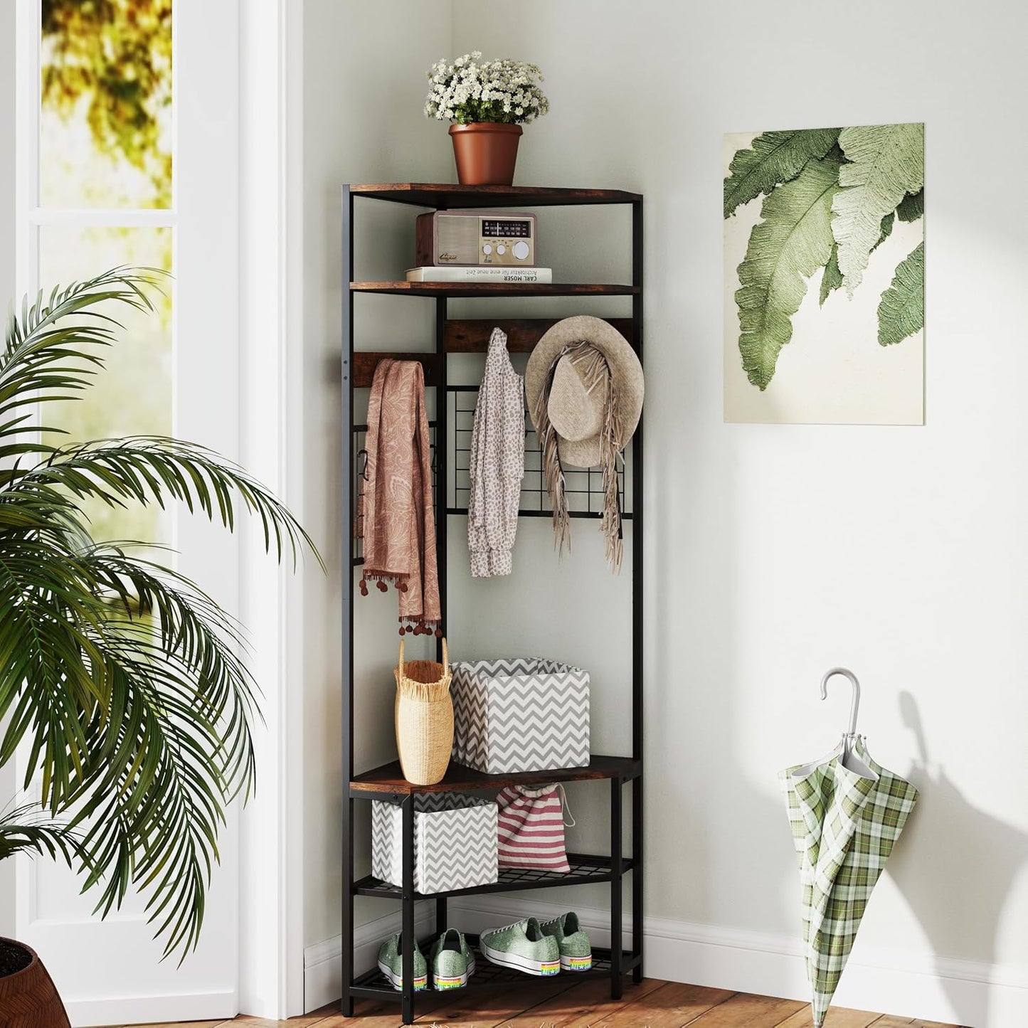 Árbol esquina con banco zapatos 72" 5 estantes madera