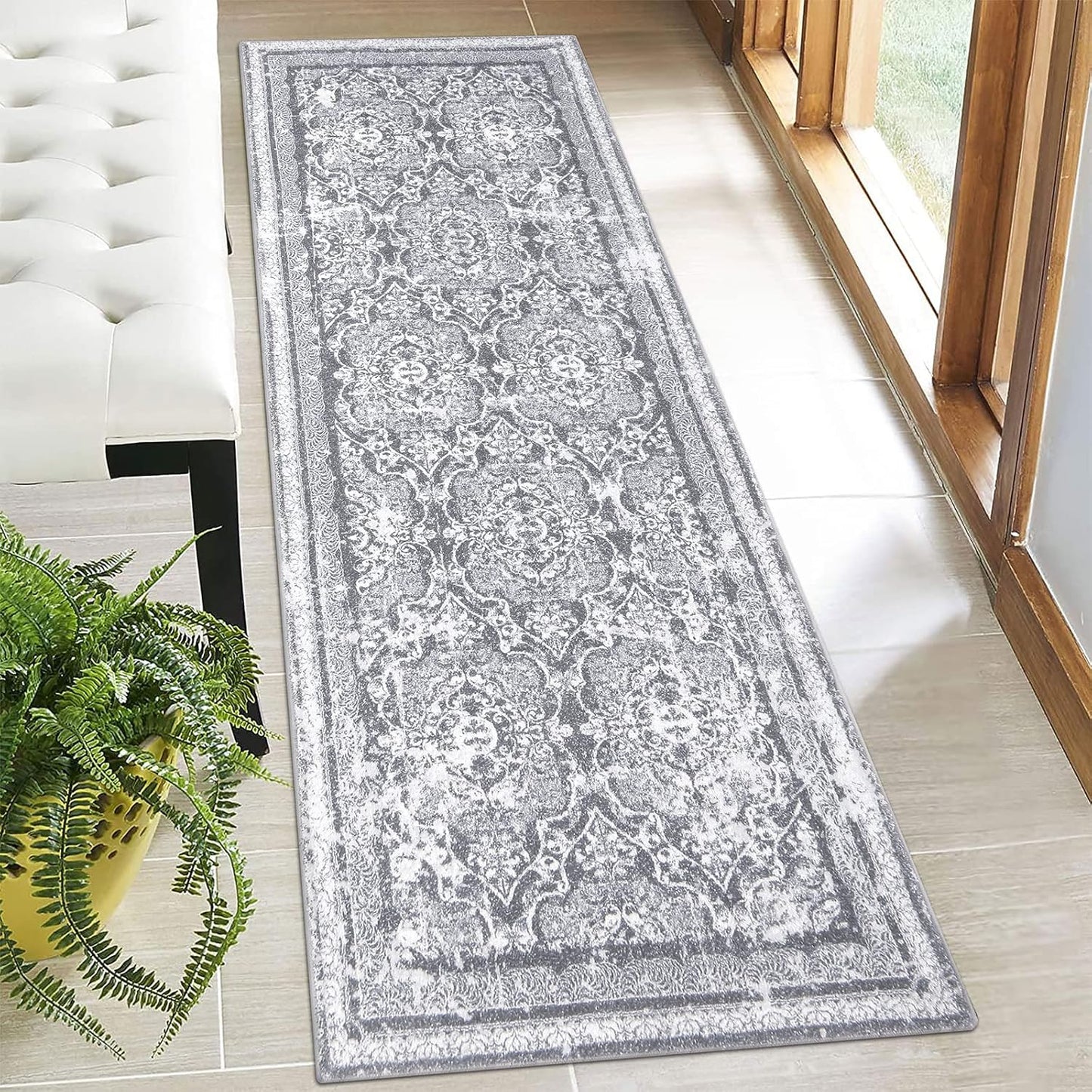 Alfombra boho antiderrap 2x6ft estilo granja gris lavable