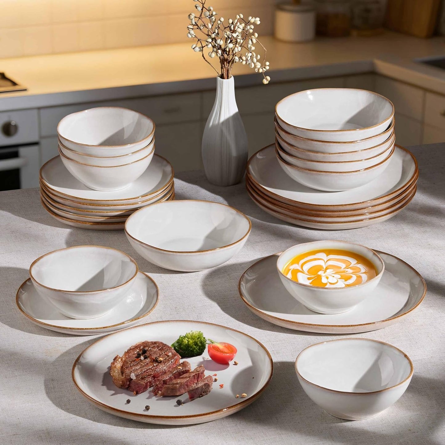 Set 24 Pzas Vajilla Gres Platos Ensalada Sopa Blanco
