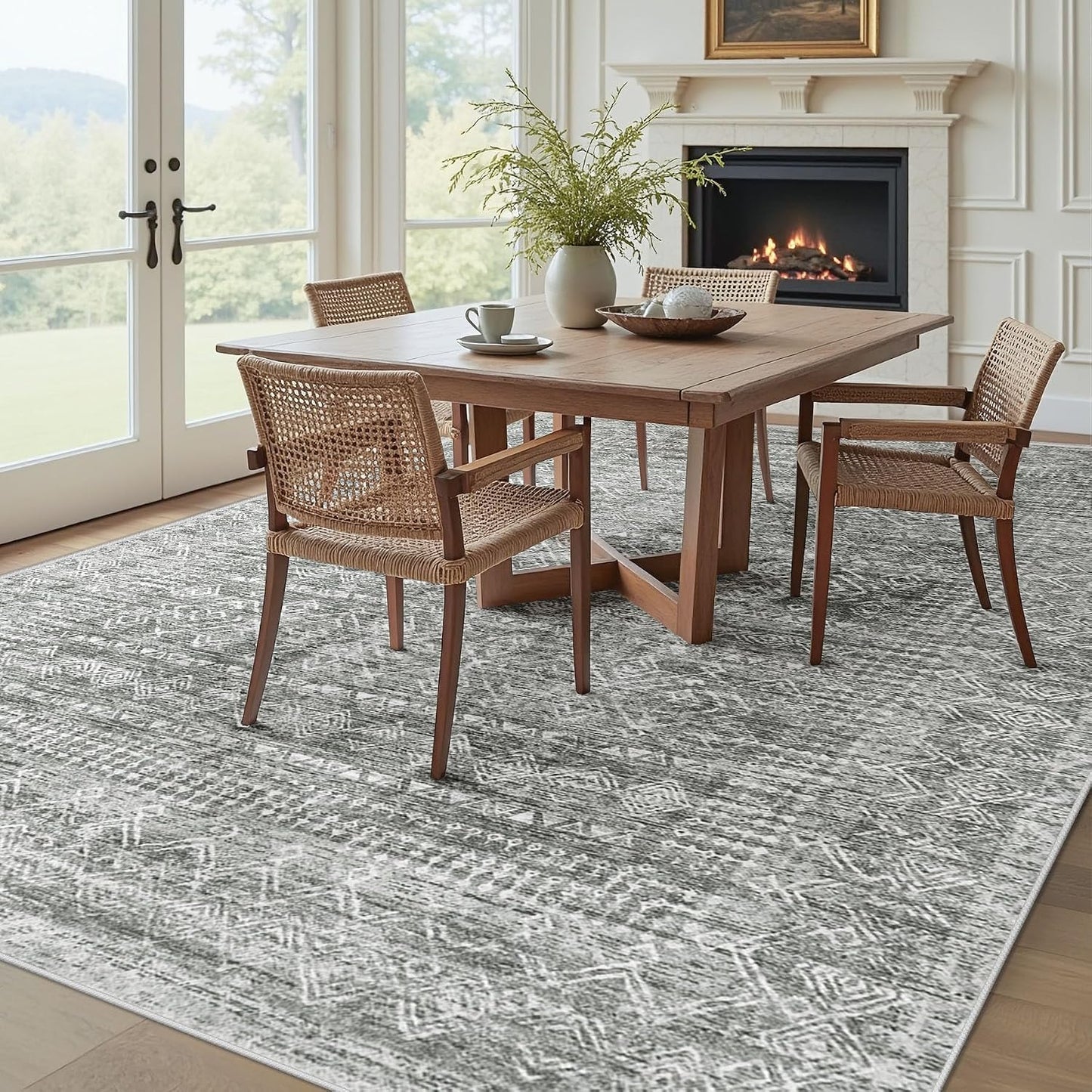 Alfombra sala 8x10pulg estilo bohemio antiderrap gris