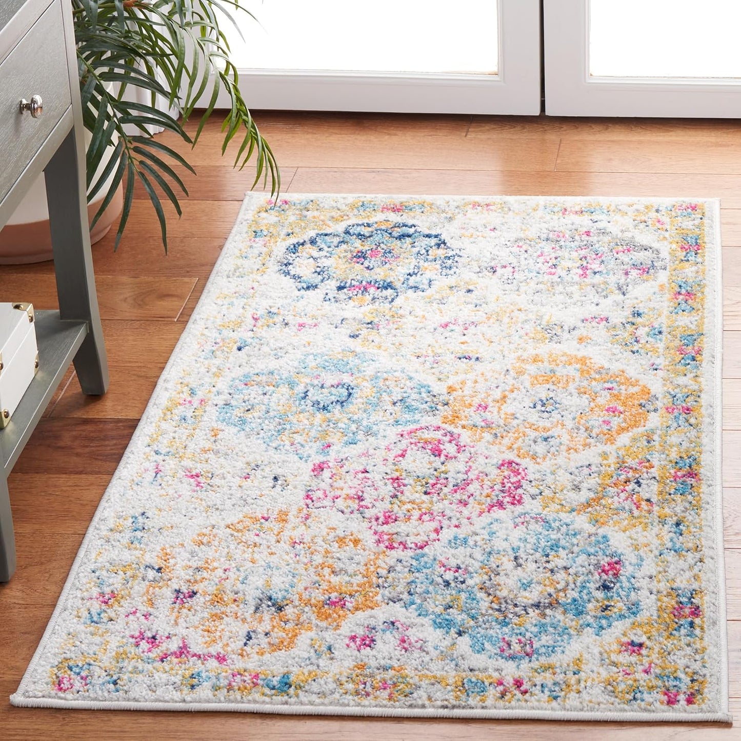 Alfombra decorativa 2'3"x4' crema y multicolor diseño bohemio