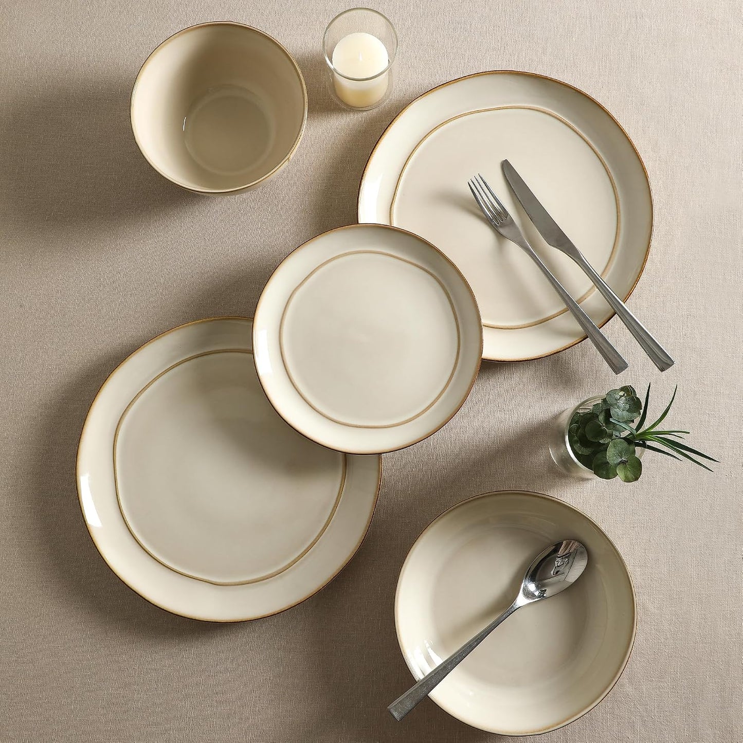 Set 12 Pzas Vajilla Gres Beige para 4 Apto Lavavajillas