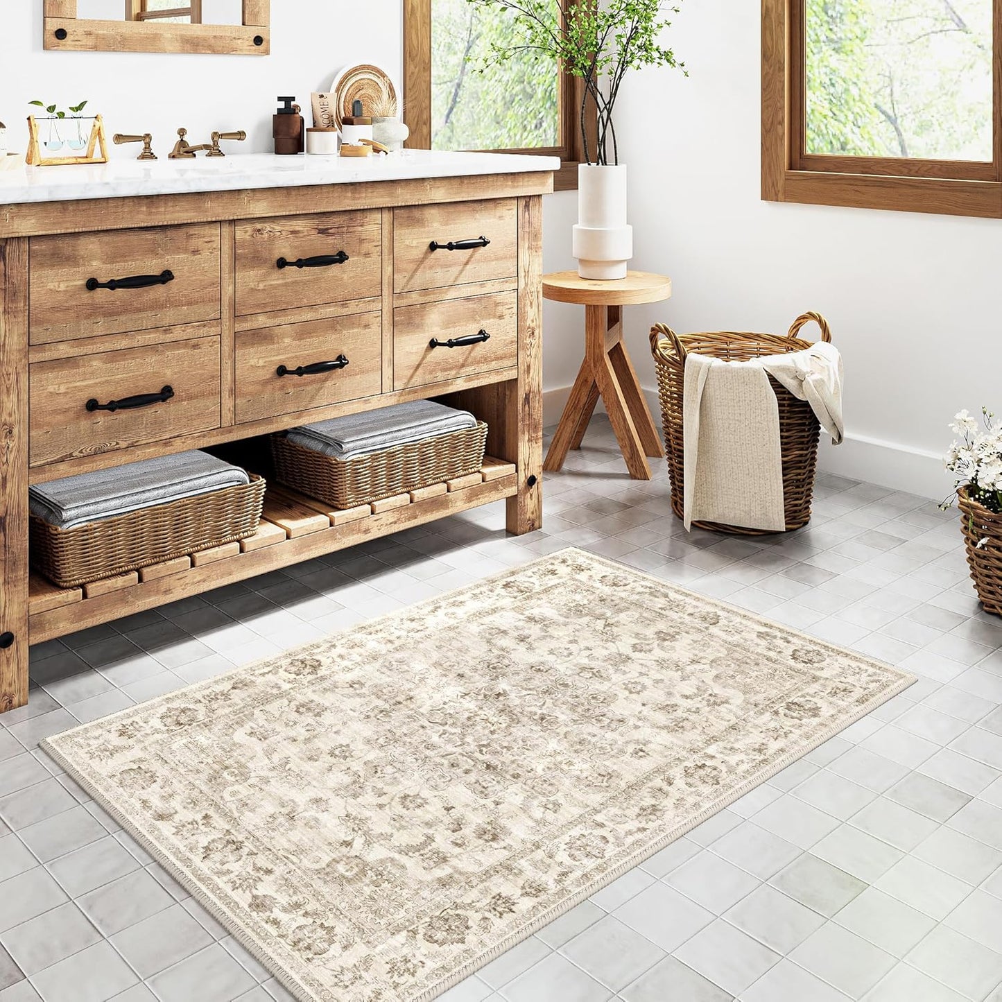 Tapete antiderrap 2x3ft beige floral entrada