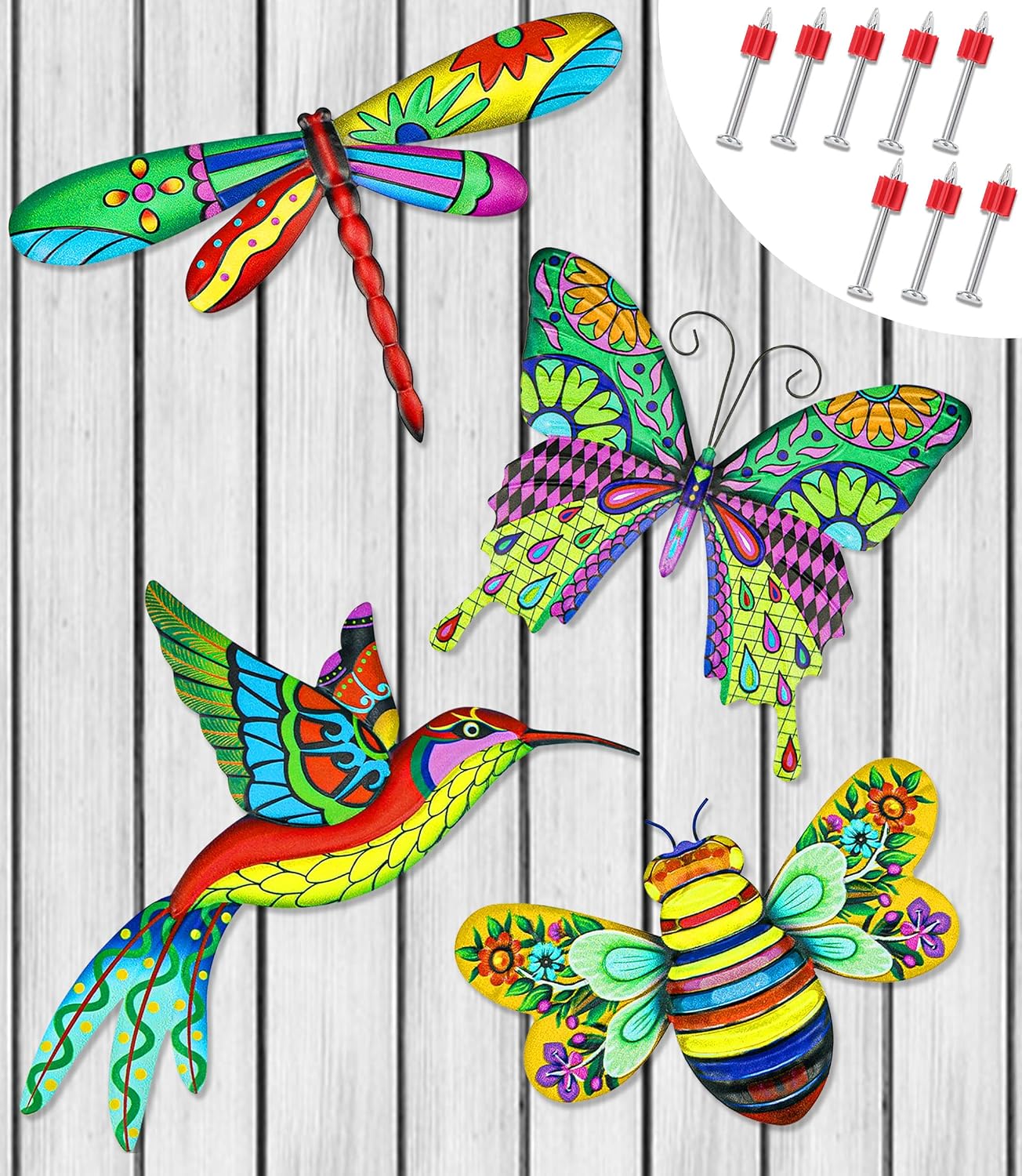 4 Pzas Decoración Pared Metal Exteriores 3D Colibrí Abeja
