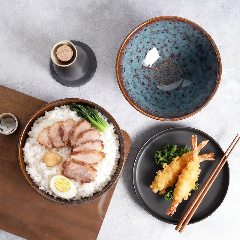Set 2 Tazones Cerámica Ramen con Cucharas y Palillos 8pulg