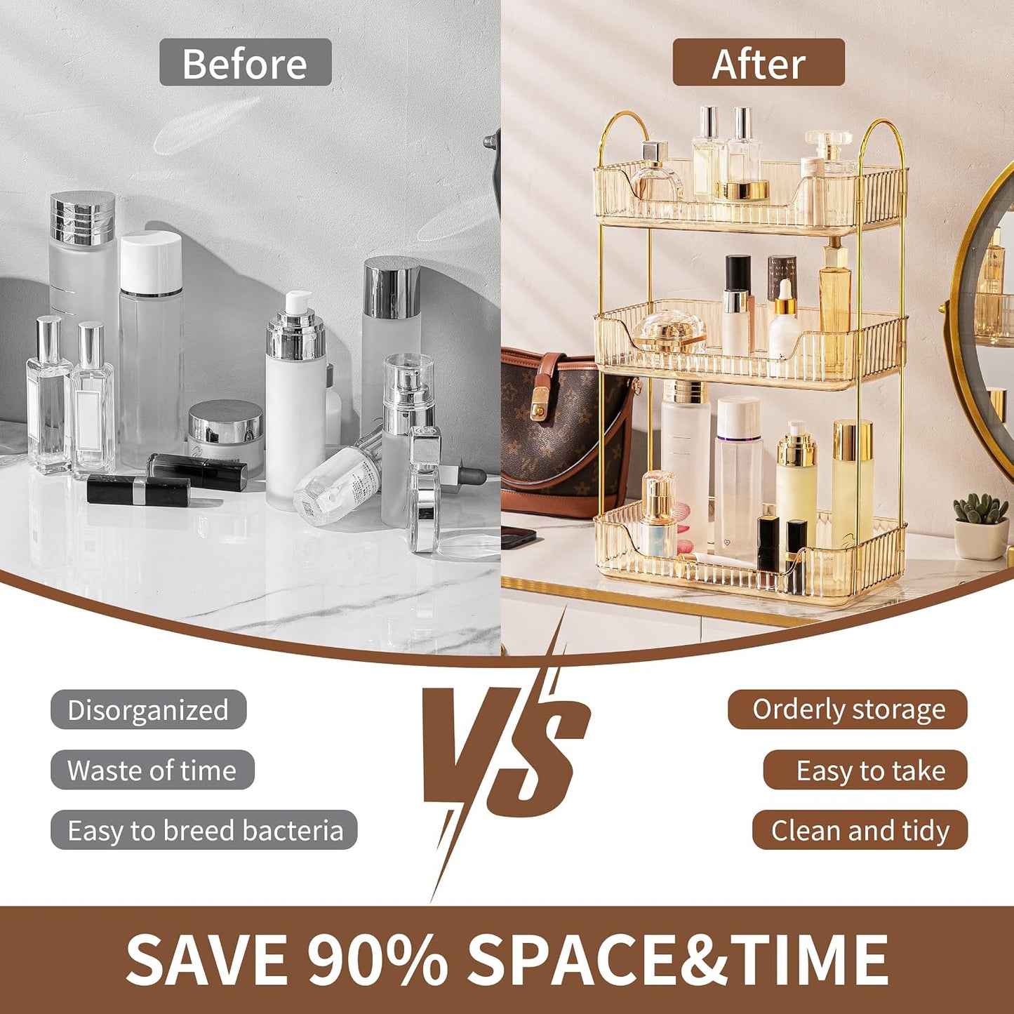 Organiz. baño estante cosméticos 3 niveles color dorado