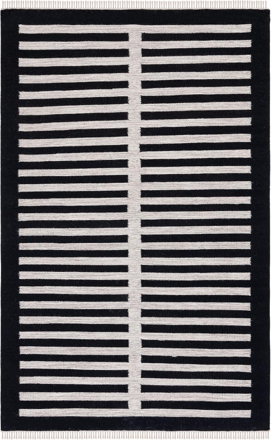 Alfombra Kilim 5x8ft rayas beige y negro lana y algodón