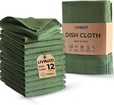 Set 12 paños cocina tejido gofre 13x13pulg verde salvia