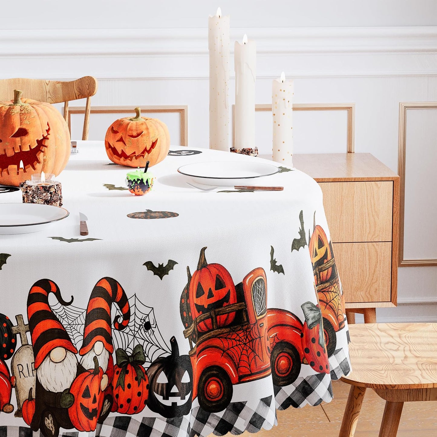 Mantel Halloween 70x70pulg con borde festoneado impermeable
