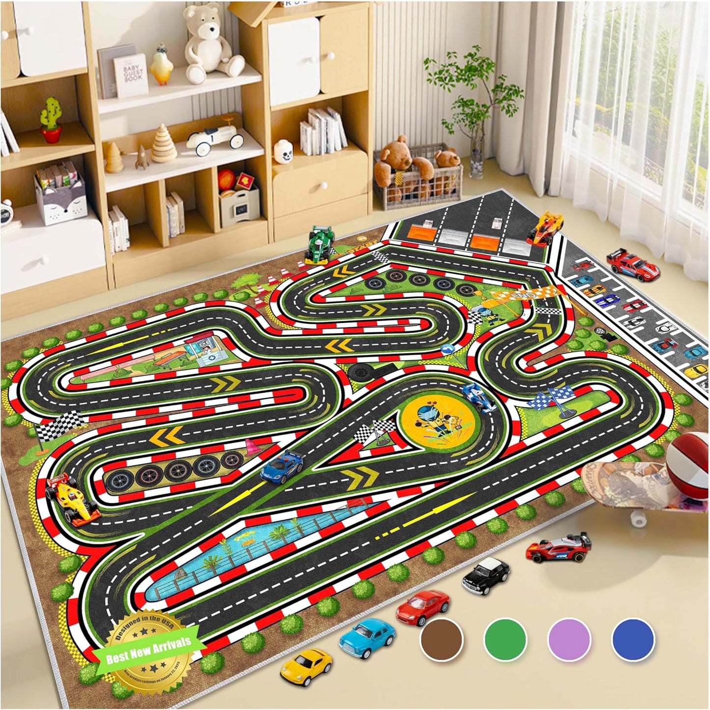 Alfombra de carreras para niños con mapa de carreteras