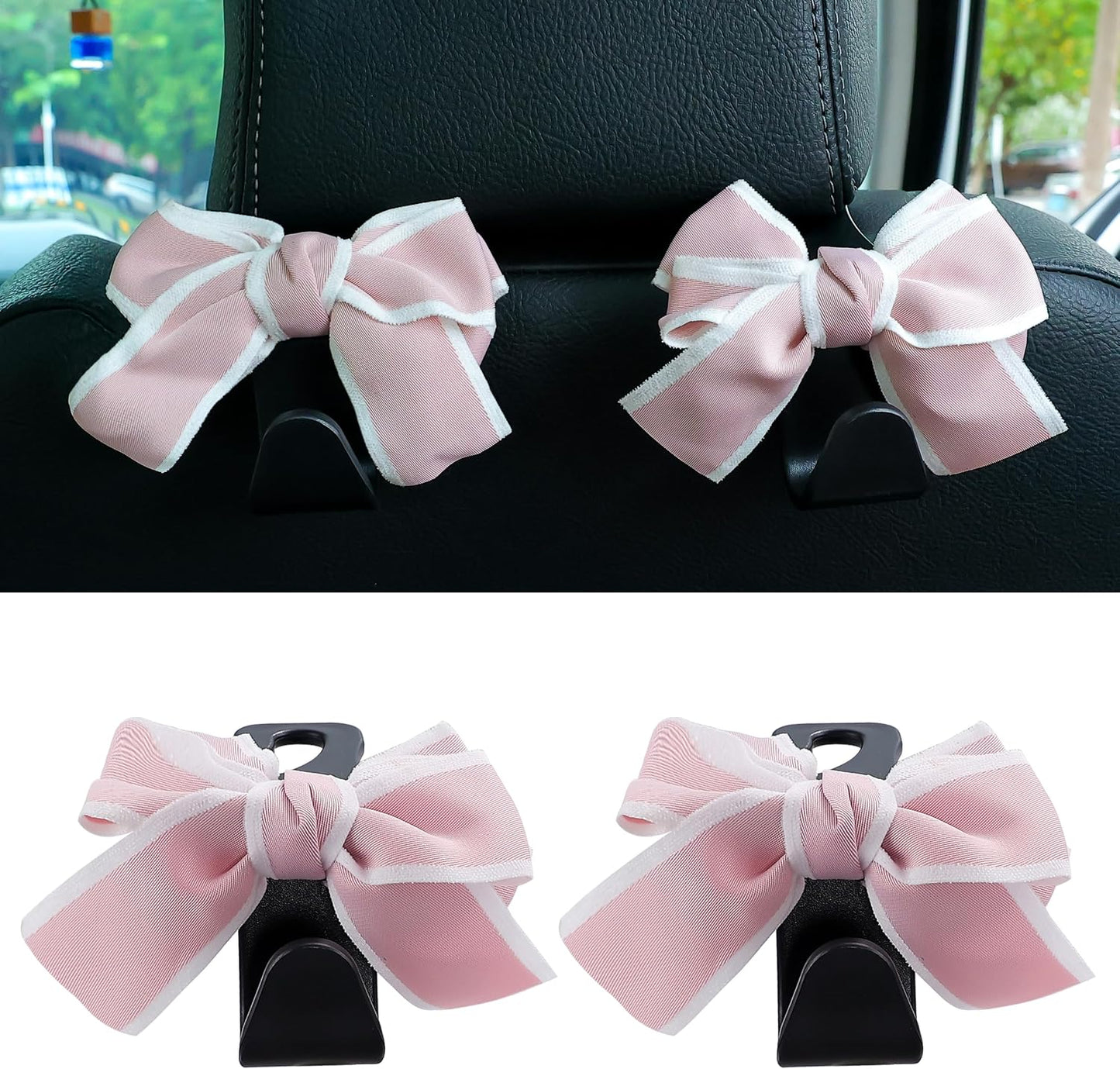 Gancho reposacabezas coche con moño organiz. negro y rosa
