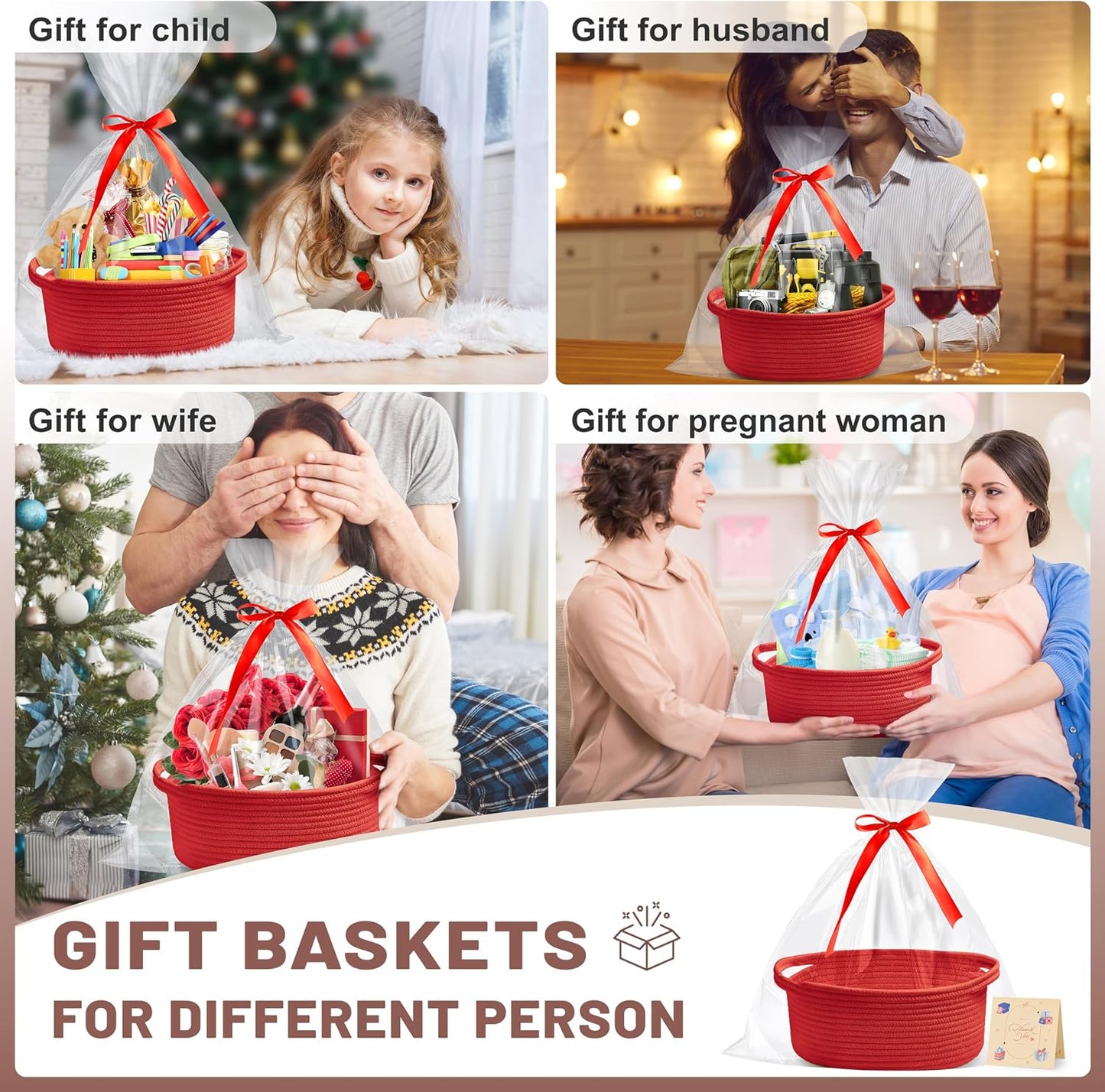 Cesta regalos roja tejida 12x8x5pulg duradera con cintas
