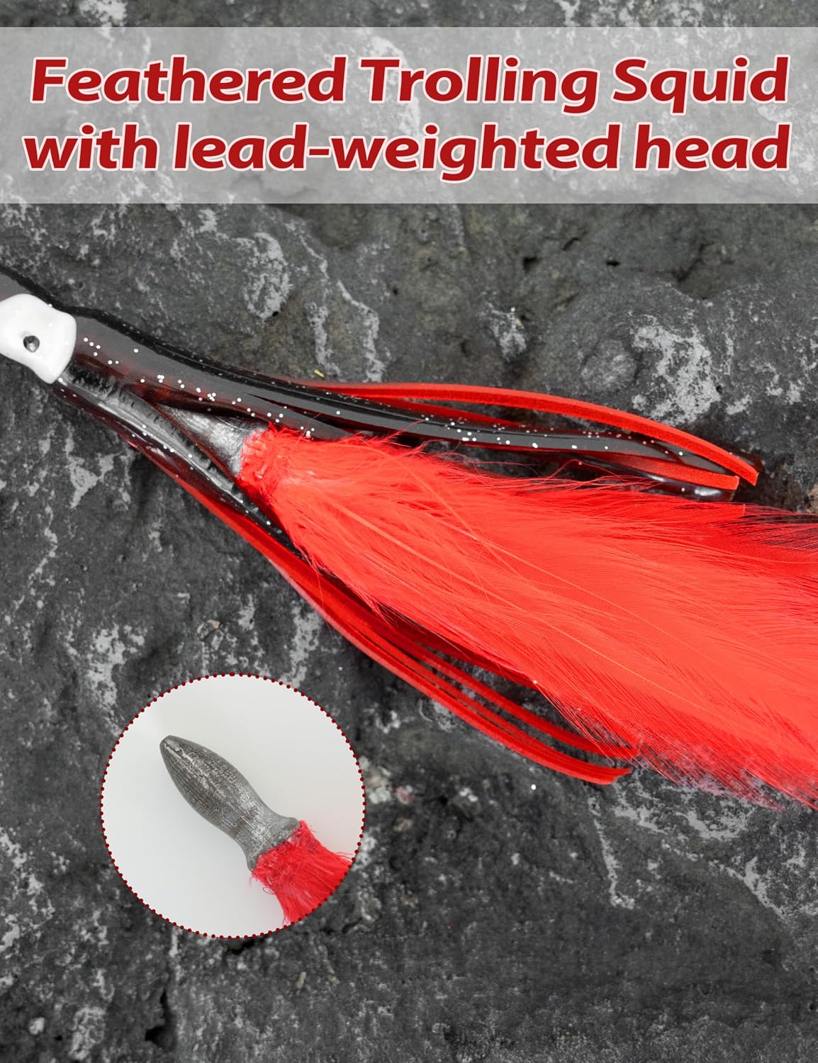 Señuelo pesca plumas atún 6" gancho acero inox negro/rojo