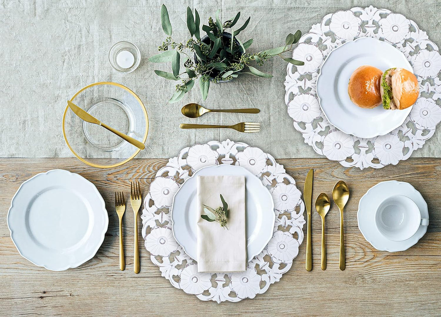2 Pzas Platos Madera Blanca 13pulg Flores Mesa Comedor