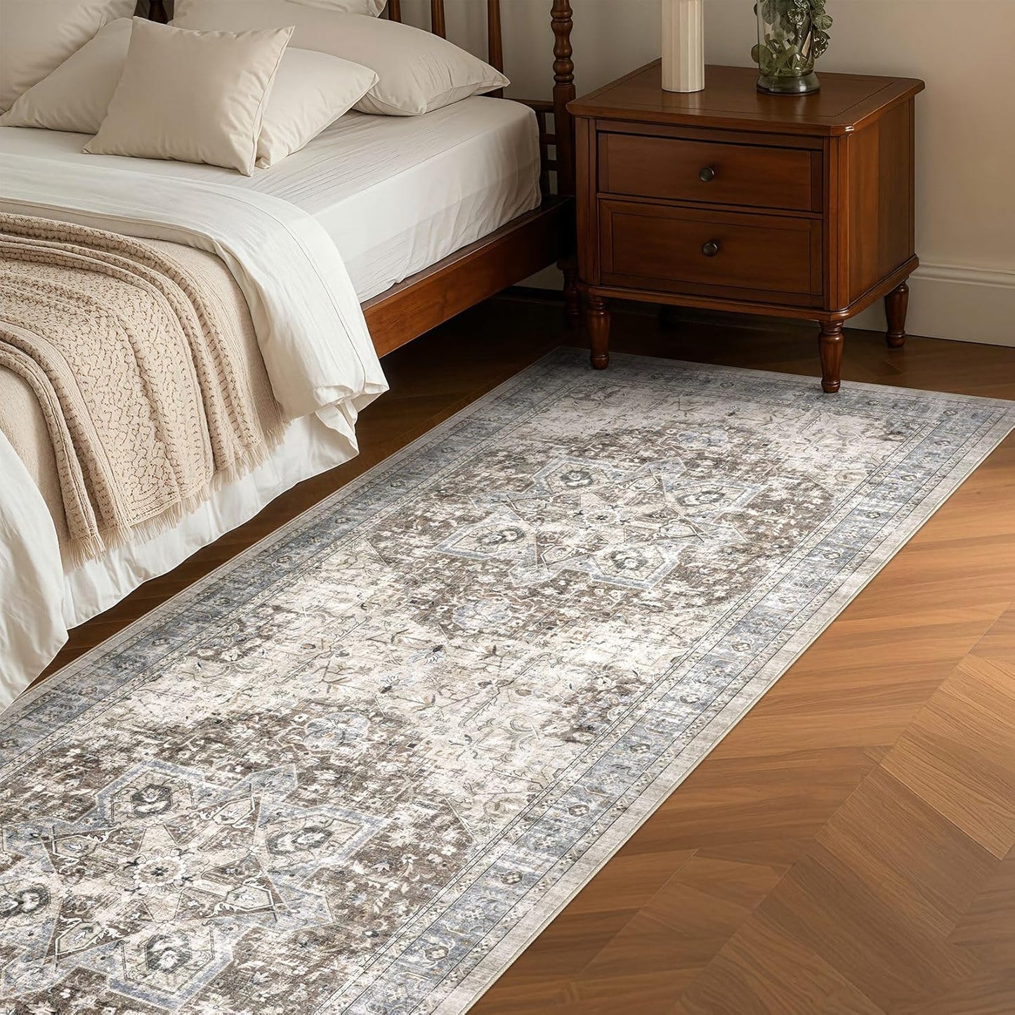 Alfombra bohemia lavable dormitorio sala 3x8ft marrón azul