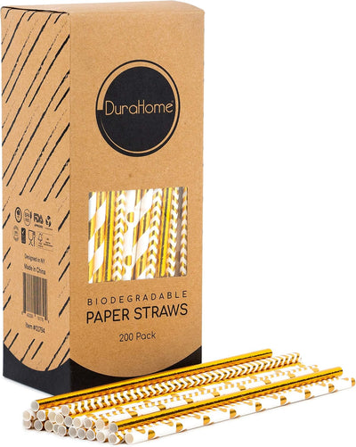 200 Pajitas Papel Biodegradable Doradas 8.25pulg 4 Patrones