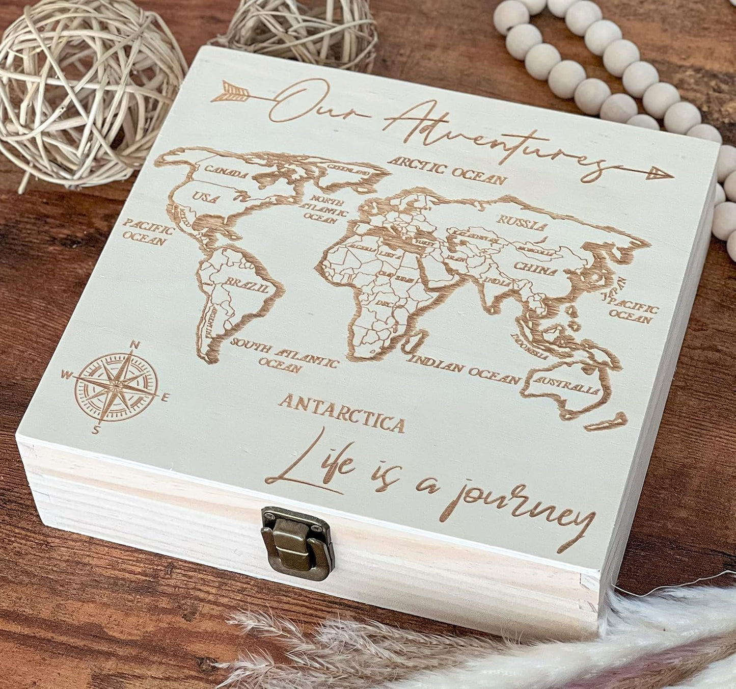 Caja recuerdos viaje madera 8.5x8x2.5" diseño mapa
