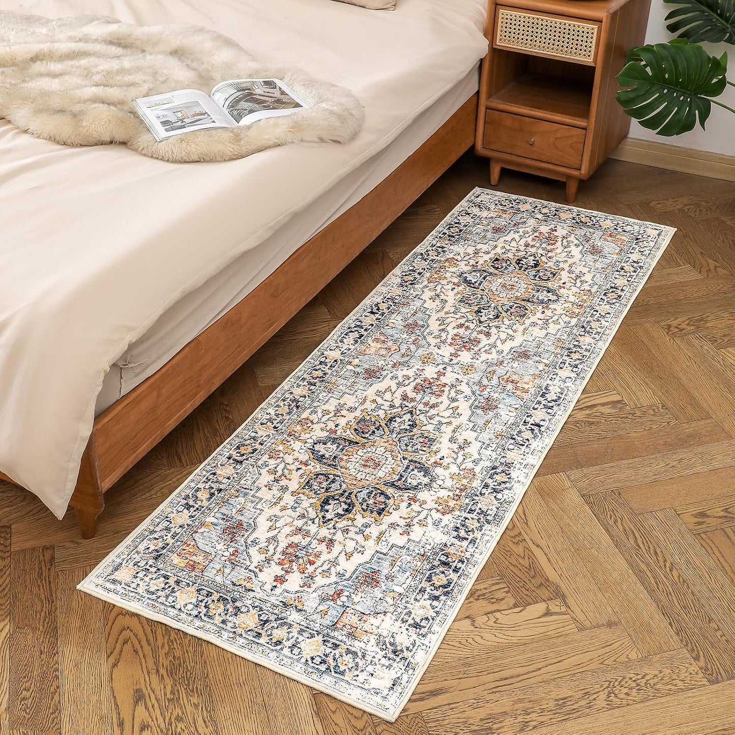 Tapete lavable 2x6ft estilo bohemio antiderrap azul naranja