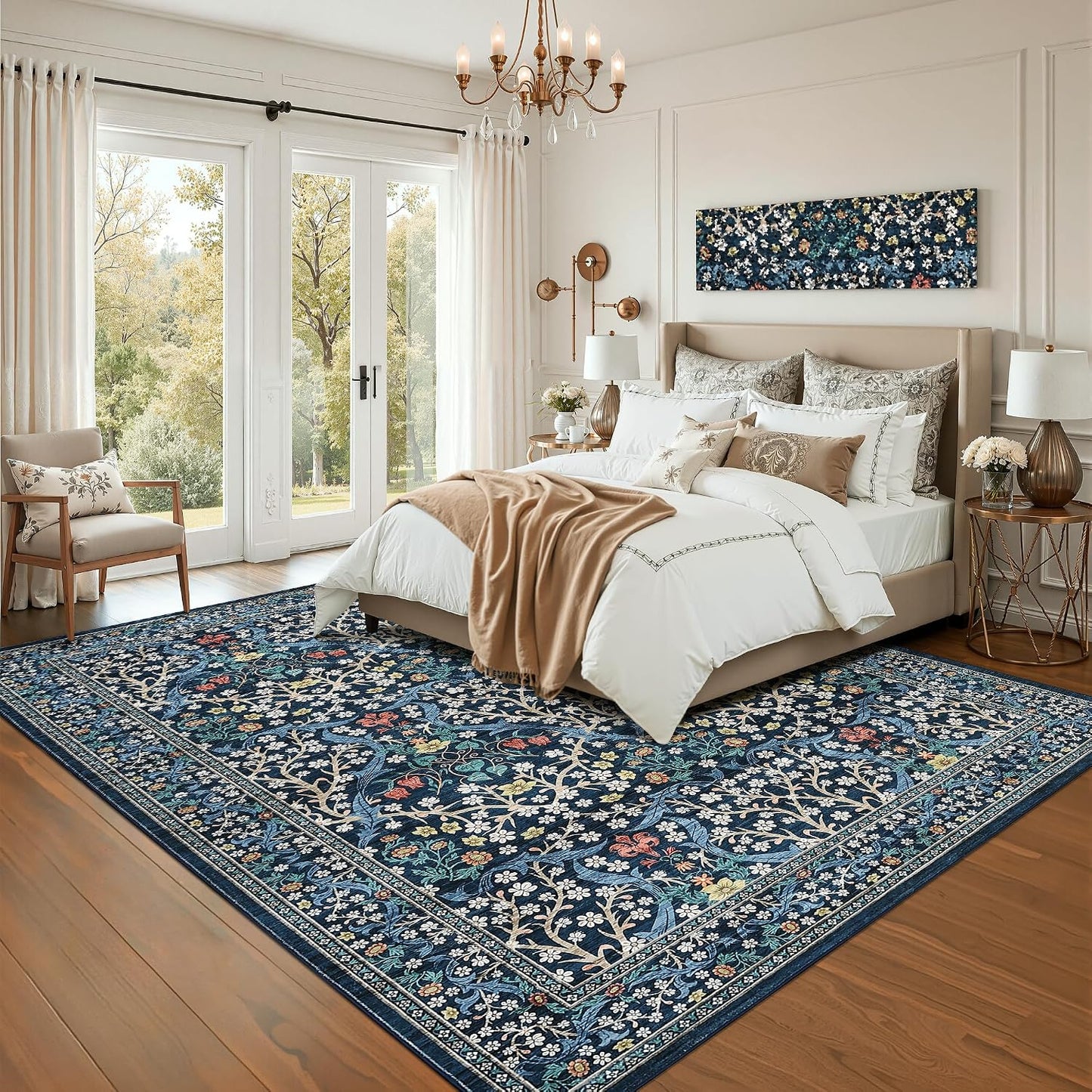 Alfombra floral azul antiderrap sala dormitorio boho