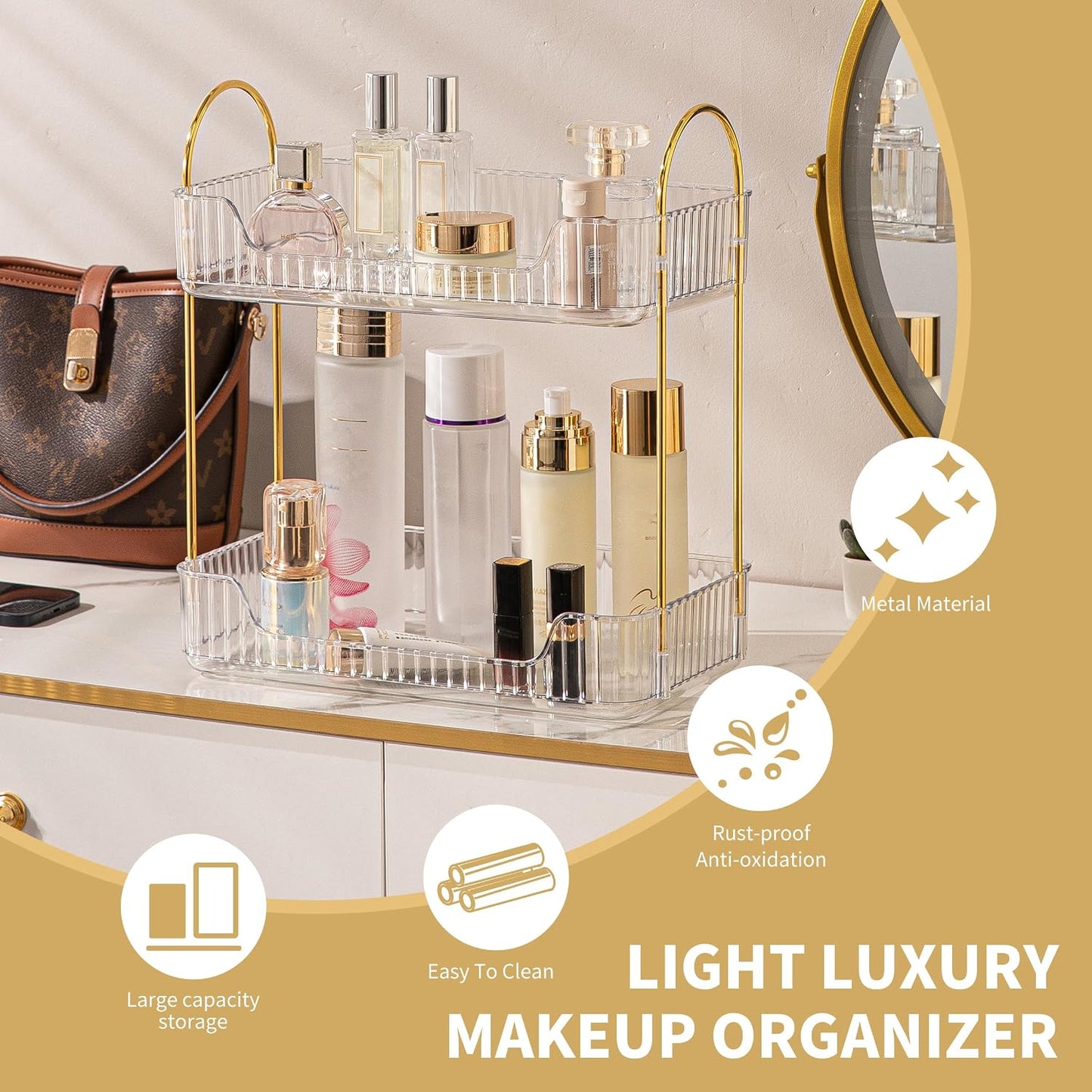 Organiz. encimera baño 2 niveles con bandeja maquillaje