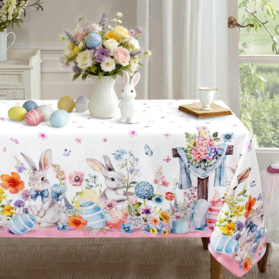 Mantel rectangular de Pascua 60 x 84 pulgadas con diseño de huevos de conejo y flores silvestres