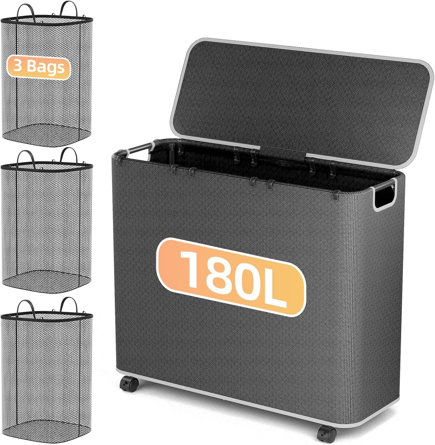 Cesta lavandería 180L con 3 bolsas ruedas negro