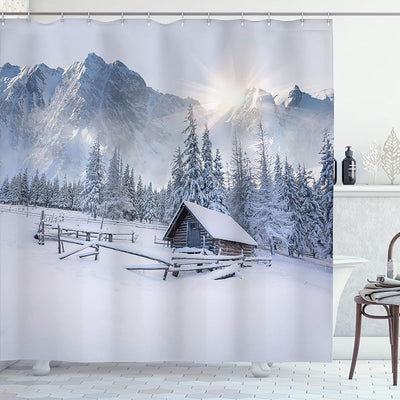 Cortina ducha Old Farm House 69x70pulg blanca azul pálido