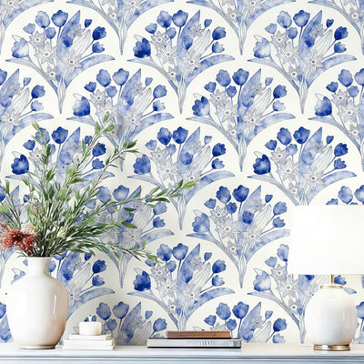Papel tapiz floral azul autoadhesivo 16.9x118.1pulg