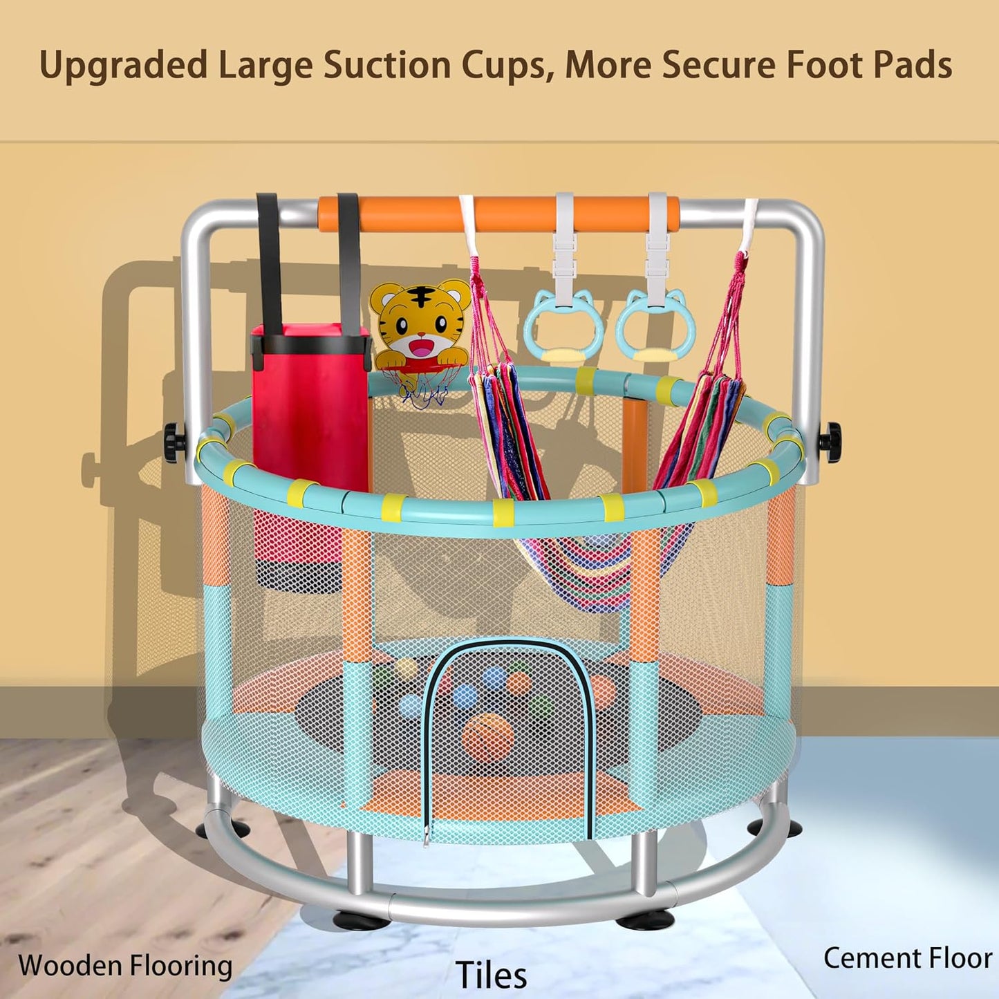 Cama elástica 55pulg para niños con red y barra ajustable