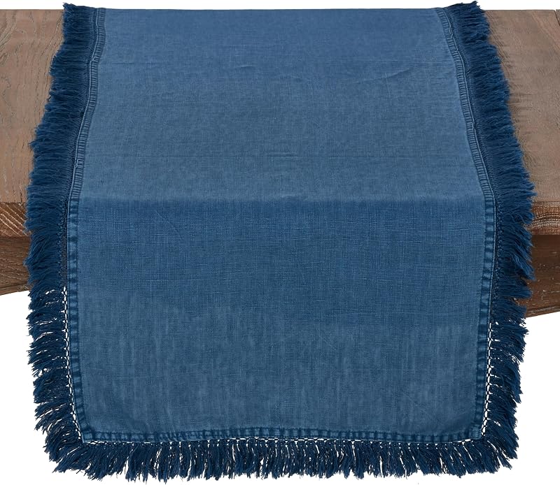 Camino lino rústico con flecos grandes 16x72pulg azul marino