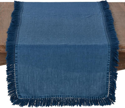 Camino lino rústico con flecos grandes 16x72pulg azul marino