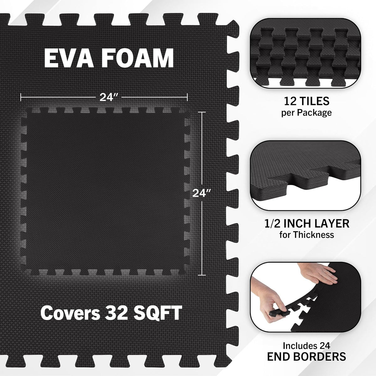 12 Azulejos EVA 48ft2 Tapete Ejercicio Bebé Negro