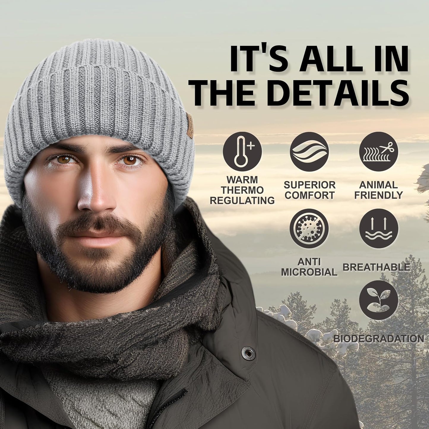 Gorro lana merino unisex punto liso puños suave cálido
