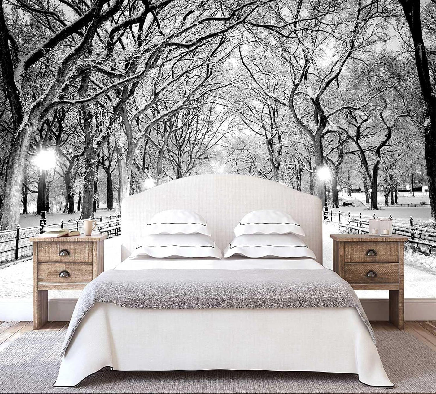 Papel tapiz 3D diseño bosque nevado gris sala y dormitorio