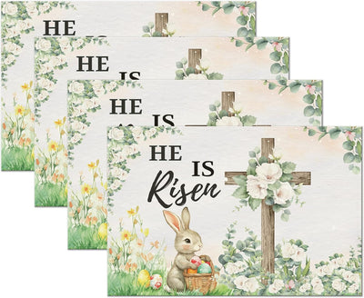 Set 4 Manteles Pascua 12x18pulg Cruz Conejo Poliéster Lino