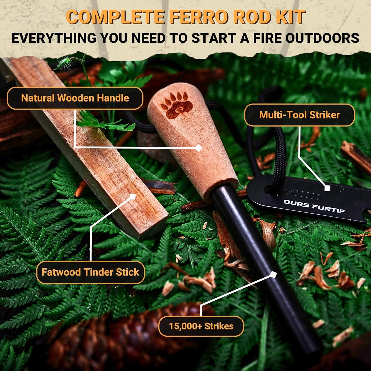 Kit iniciación fuego Ferro Rod palo yesca acero