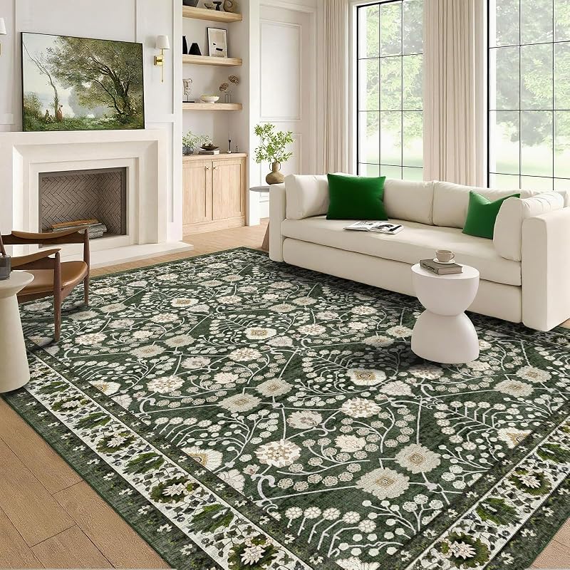 Alfombra sala estar 8x10 verde oscuro floral TPR antiderrap