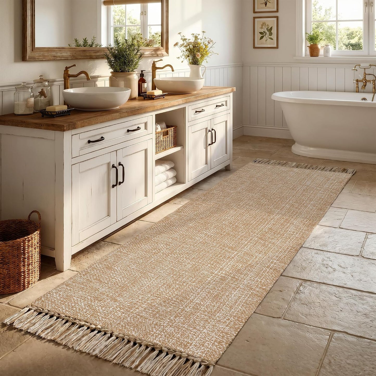 Alfombra pasillo 2.6x7ft lavable tejida bronceado/crema