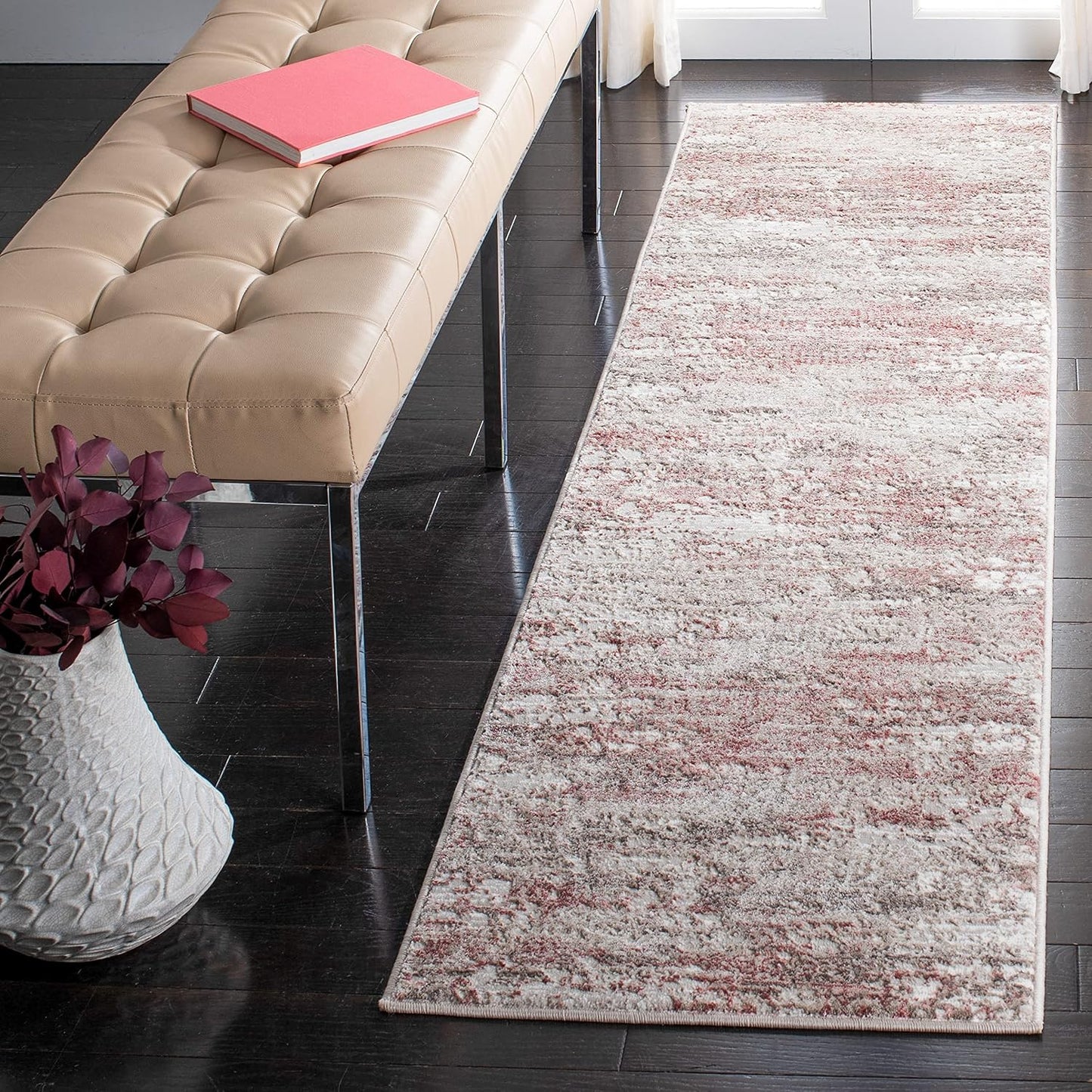 Alfombra pasillo 2x8ft diseño abstracto moderno beige y rosa